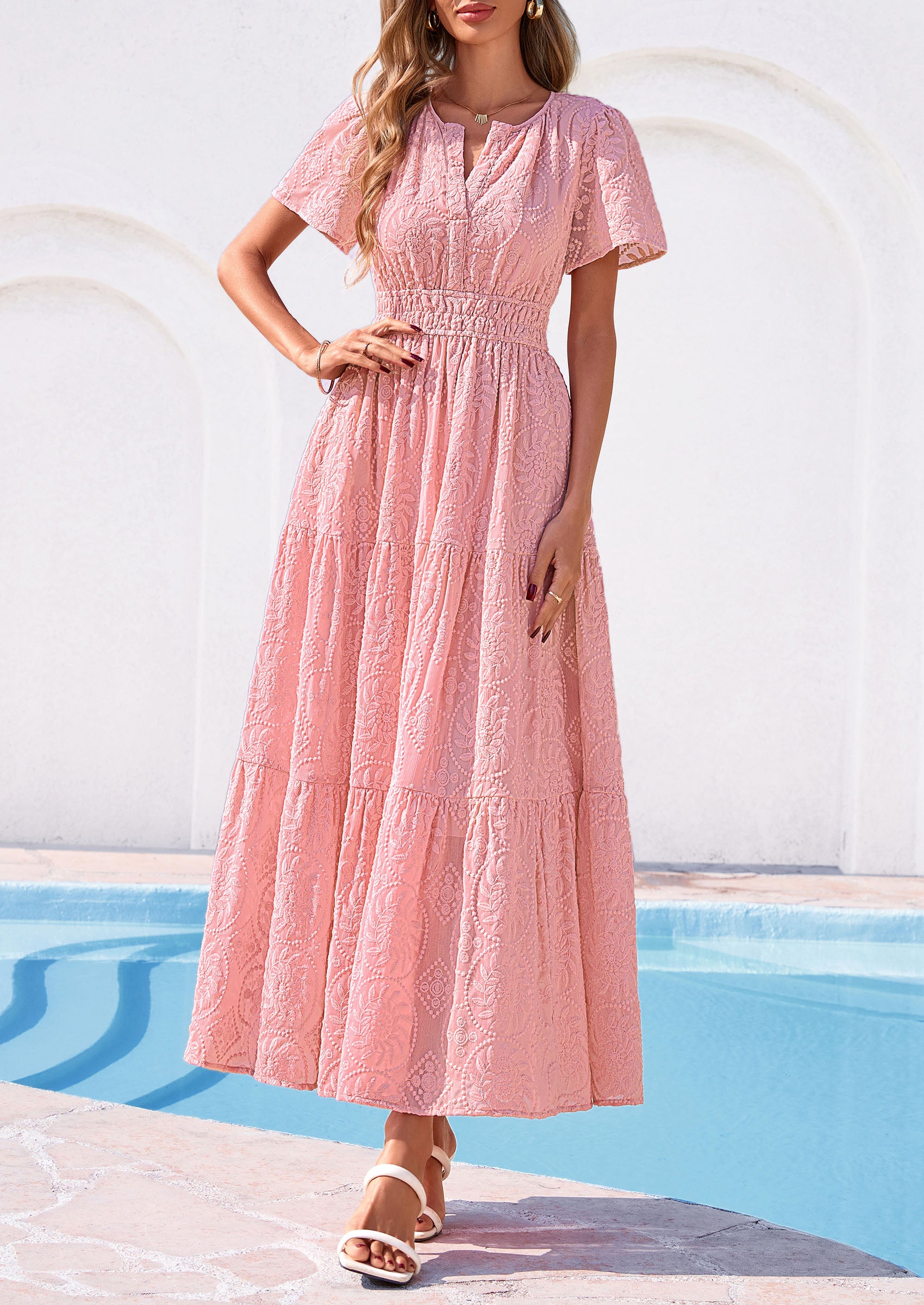 PRETTYGARDEN Womens Boho Maxi Dress 2026 Floral Summer Spring Short Sleeve V Neck A Line Embroidered Beach Vacation Dresses