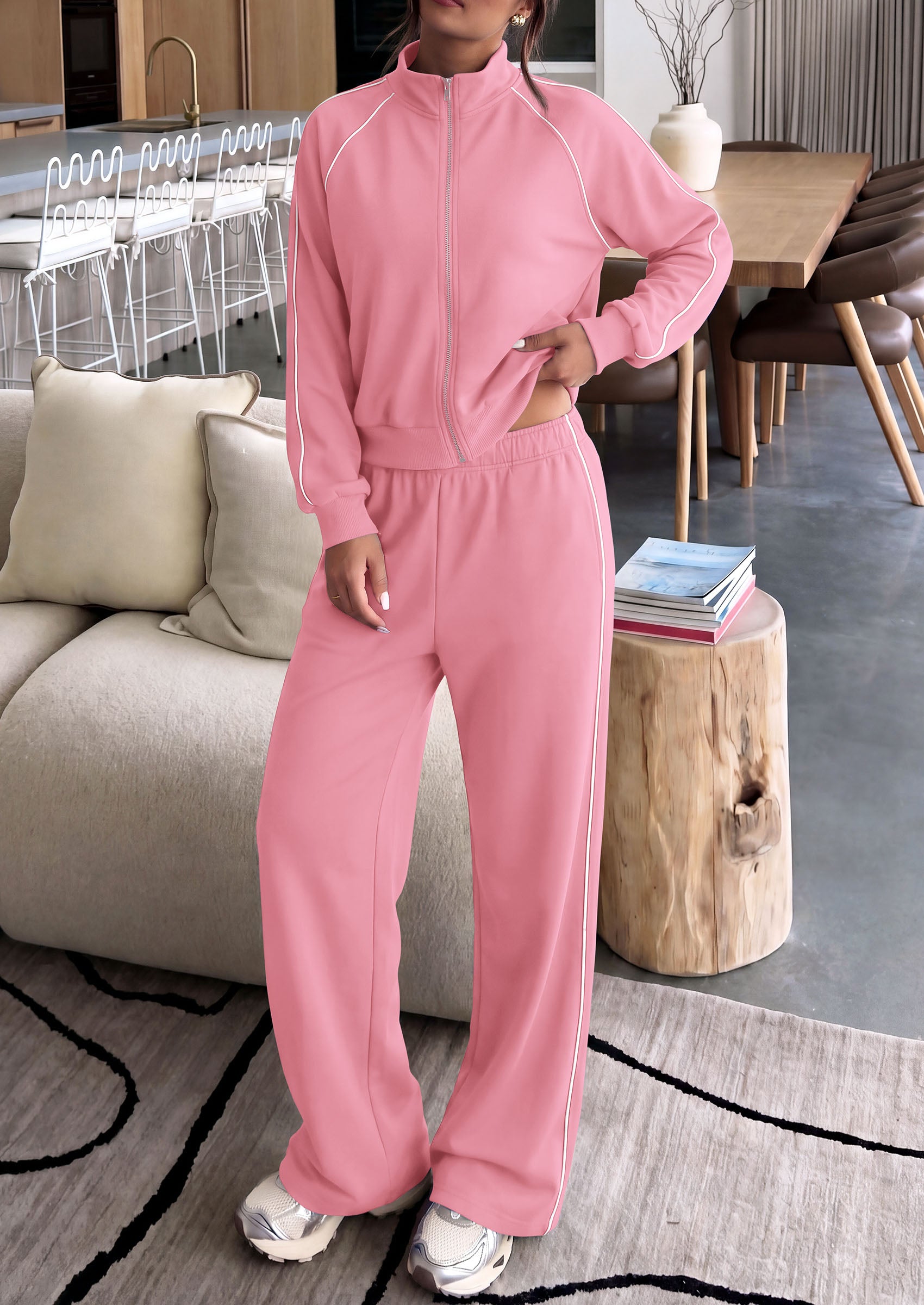 PRETTYGARDEN Women's 2 Piece Sweat Set Casual Fall Outfits | Zip Up Sweatshirt,Wide Leg Pants Sweatsuits,Side Stripes,Matching Lounge Sets,Athletic Wear for Airport,Jogging,Travel,Daily