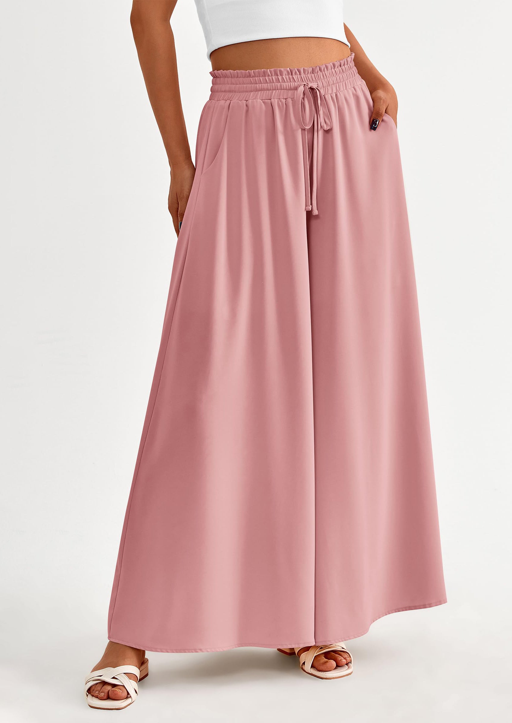 PRETTYGARDEN Women's Summer Wide Leg Palazzo Pants High Waisted Flowy Pockets Trendy Casual Lounge Boho Beach Trousers