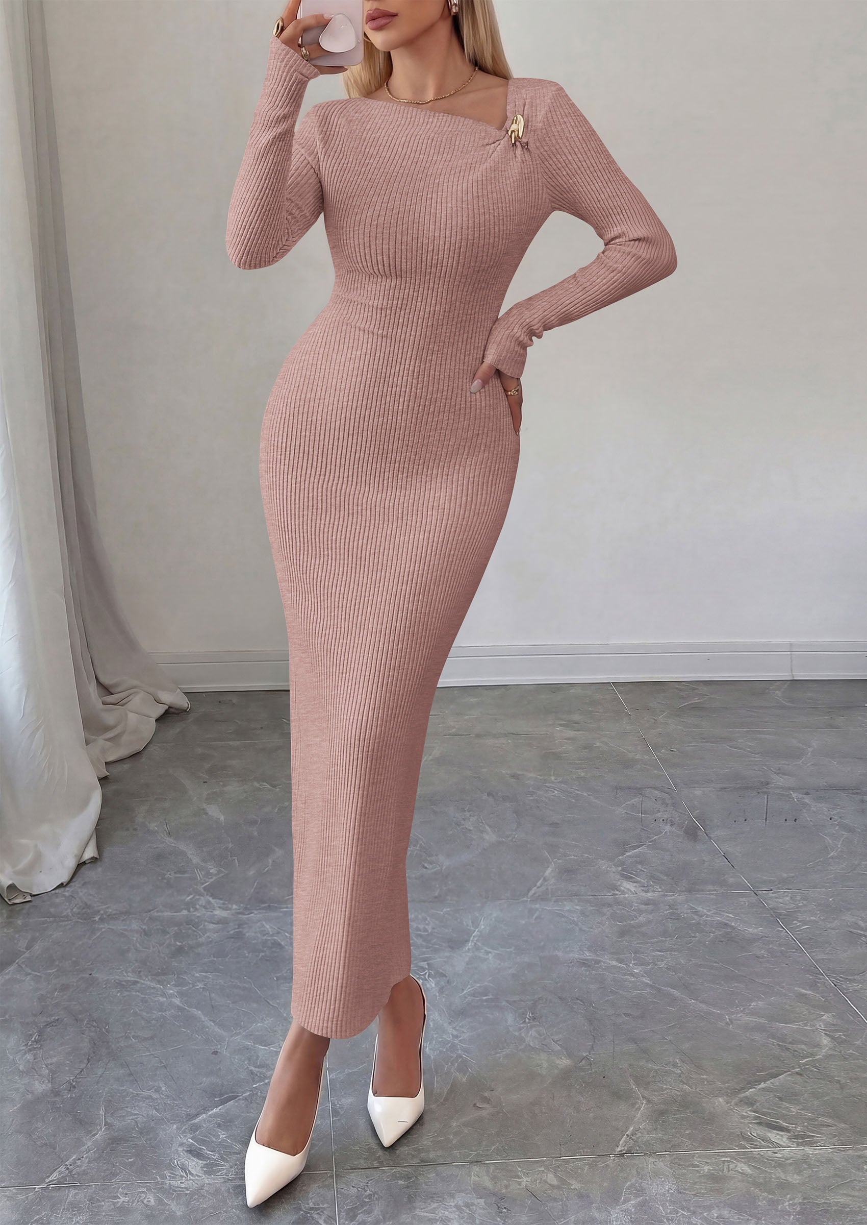 PRETTYGARDEN Womens Fall Long Sleeve Ribbed Sweater Dress | Breathable Knit Fabric, Elegant Bodycon Cut, Fashion Asymmetrical Neck, Night Out Party Dresses, 2026 Trendy Winter Clothes  Price, product page