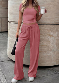 PRETTYGARDEN 2 Piece Sets for Women Summer 2026 Spring Lounge Set Matching V Neck Tops Wide Leg Pants Airport Travel Outfits PRETTYGARDEN