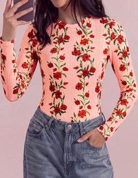 PRETTYGARDEN Womens Long Sleeve Shirts Floral Y2K Tops | Soft Lightweight Ribbed Knit Top,Fitted Waist,Crew Neck Slim Fit,Going Out Vacation Outfits,Layering Fall Winter Clothes