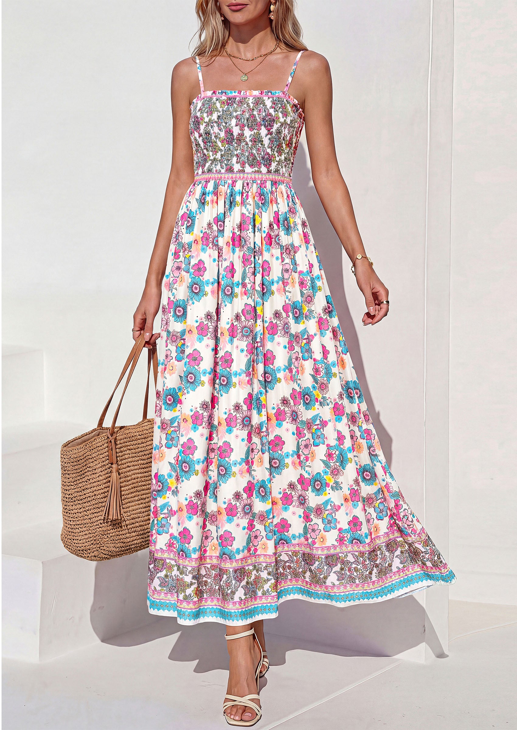 PRETTYGARDEN Womens Floral Maxi Dress Boho Casual 2026 Summer Spaghetti Strap Smocked Sleeveless Flowy Beach Vacation Dresses