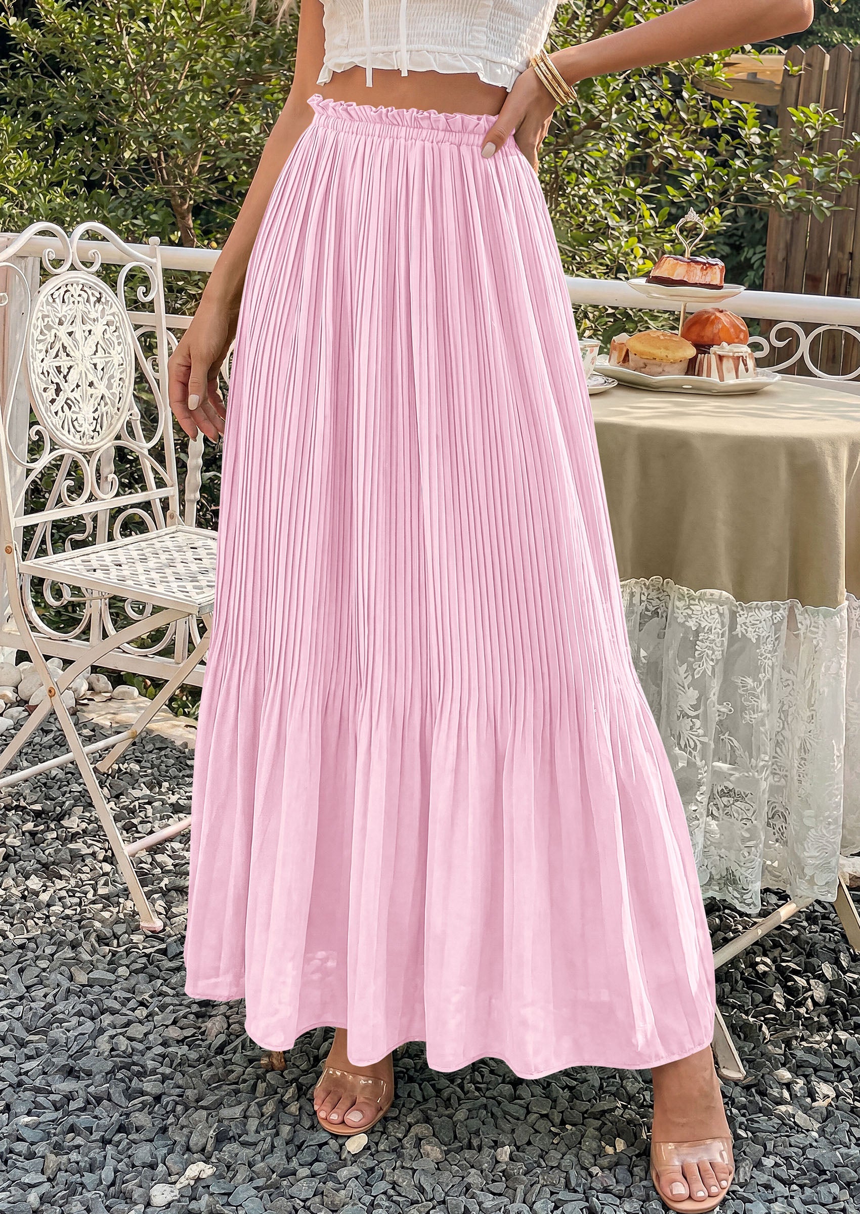 PRETTYGARDEN Pleated Long Skirts for Women Summer Vacation Outfits 2026 Spring Elastic Waisted Flowy Chiffon A-Line Midi Skirt PRETTYGARDEN