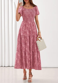 PRETTYGARDEN Women's 2026 Summer Boho Maxi Dresses Floral Short Sleeve Square Neck Smocked Flowy Long Dress Vacation Outfits PRETTYGARDEN