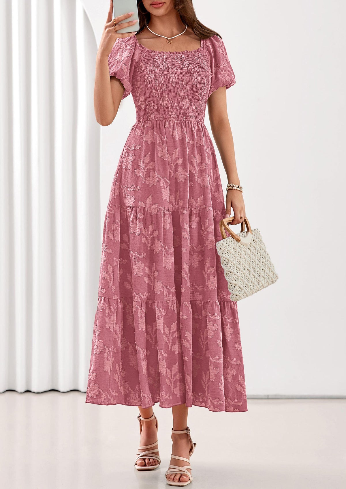 PRETTYGARDEN Women's 2026 Summer Boho Maxi Dresses Floral Short Sleeve Square Neck Smocked Flowy Long Dress Vacation Outfits PRETTYGARDEN