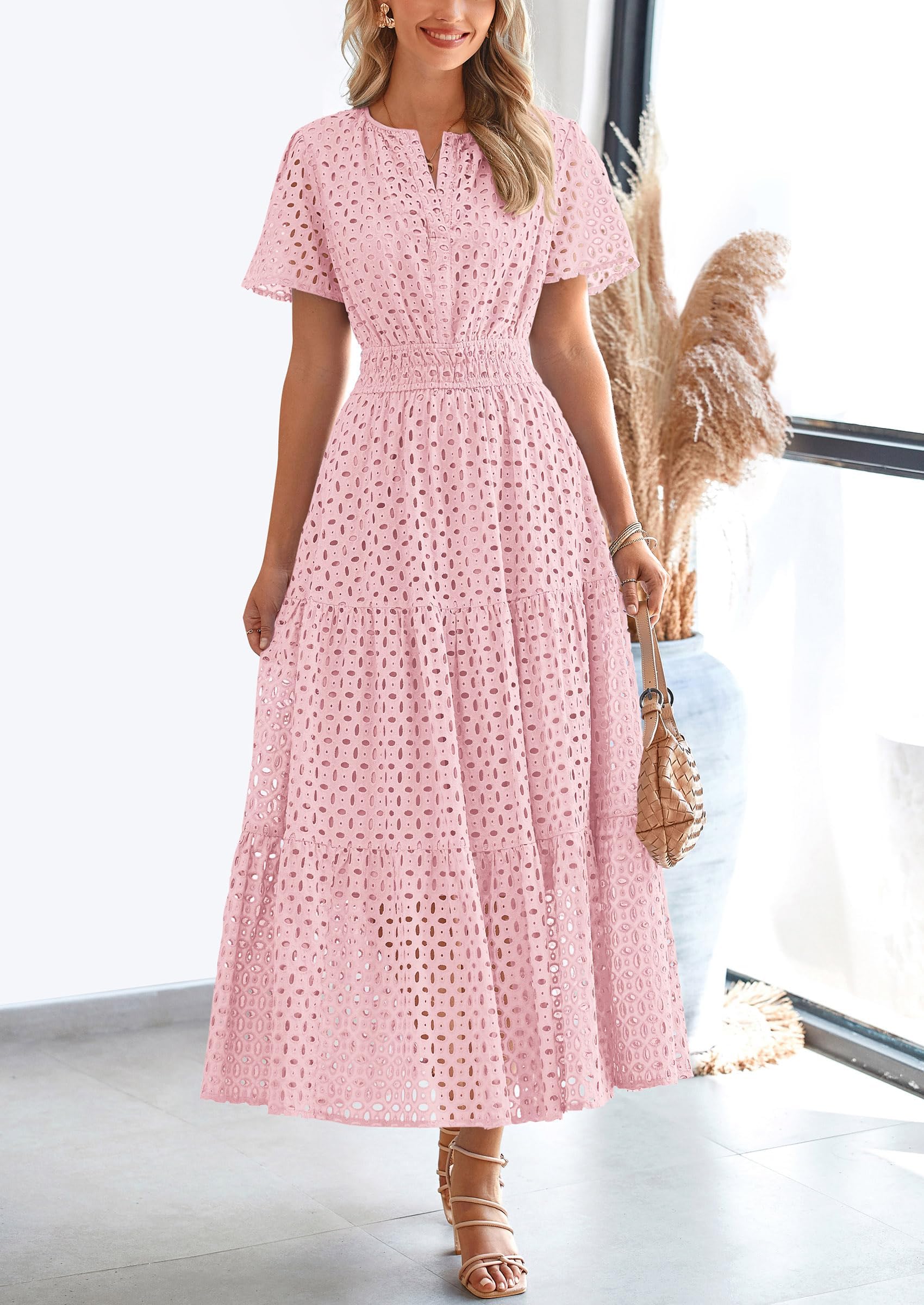 PRETTYGARDEN Womens Maxi Dress Short Sleeve V Neck Hollow Out Eyelet A PRETTYGARDEN Womens Maxi Dress Short Sleeve V Neck Hollow Out Eyelet A