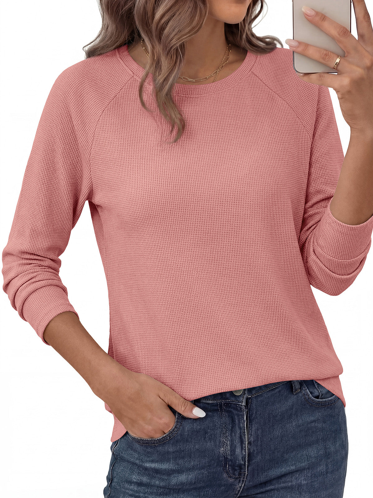 PRETTYGARDEN Womens Long Sleeve Shirts Waffle Knit Lightweight Fall Tops | Crewneck Loose Fit Curvy Hem Pullover Top, Soft Comfy Cute Tee Shirt, Dressy Casual Office Work Outfits, Fashion Clothing