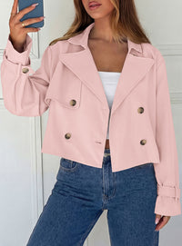 PRETTYGARDEN Cropped Trench Coat For Women Short Jacket  Soft Lightweight Coats, Lapel Double Breasted, Long Sleeve Loose Fit, Casual Work Office Jackets, Fall Winter Outwear