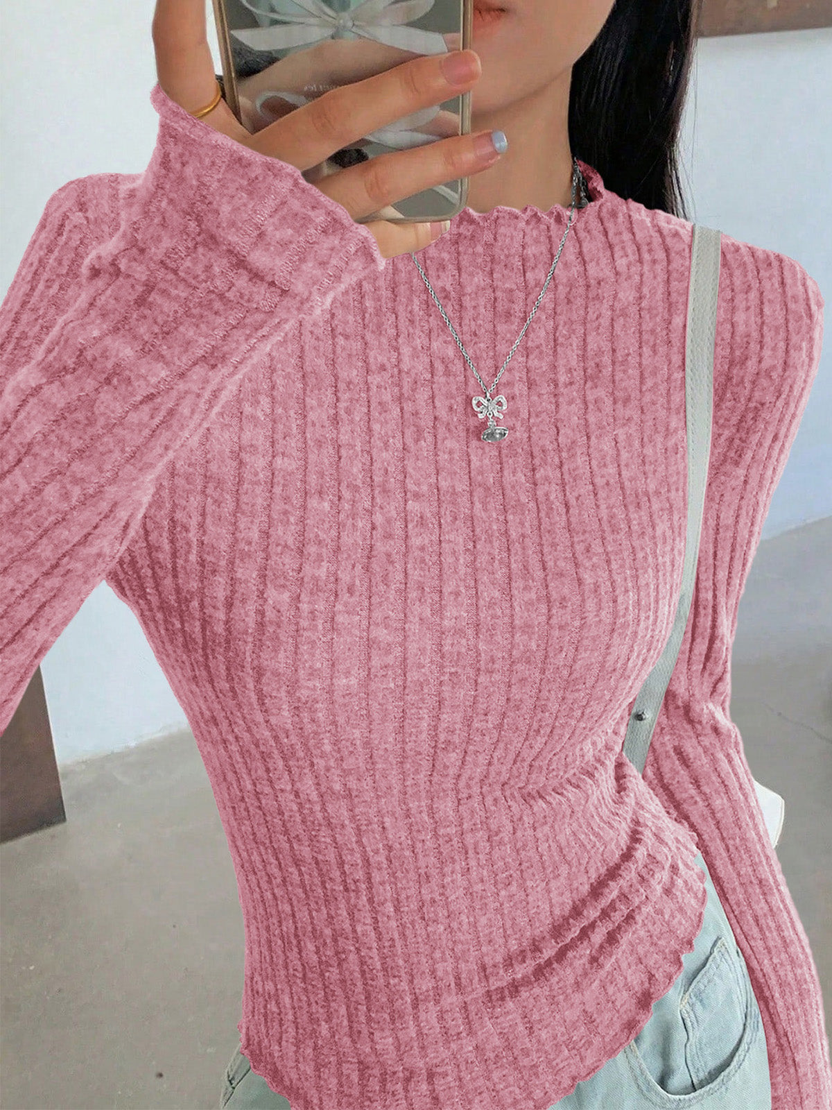 PRETTYGARDEN Womens Long Sleeve Shirts 2026 Fashion Lettuce Trim Mock Neck Slim Fit Fall Tops Casual Tee Shirt Y2k Outfits