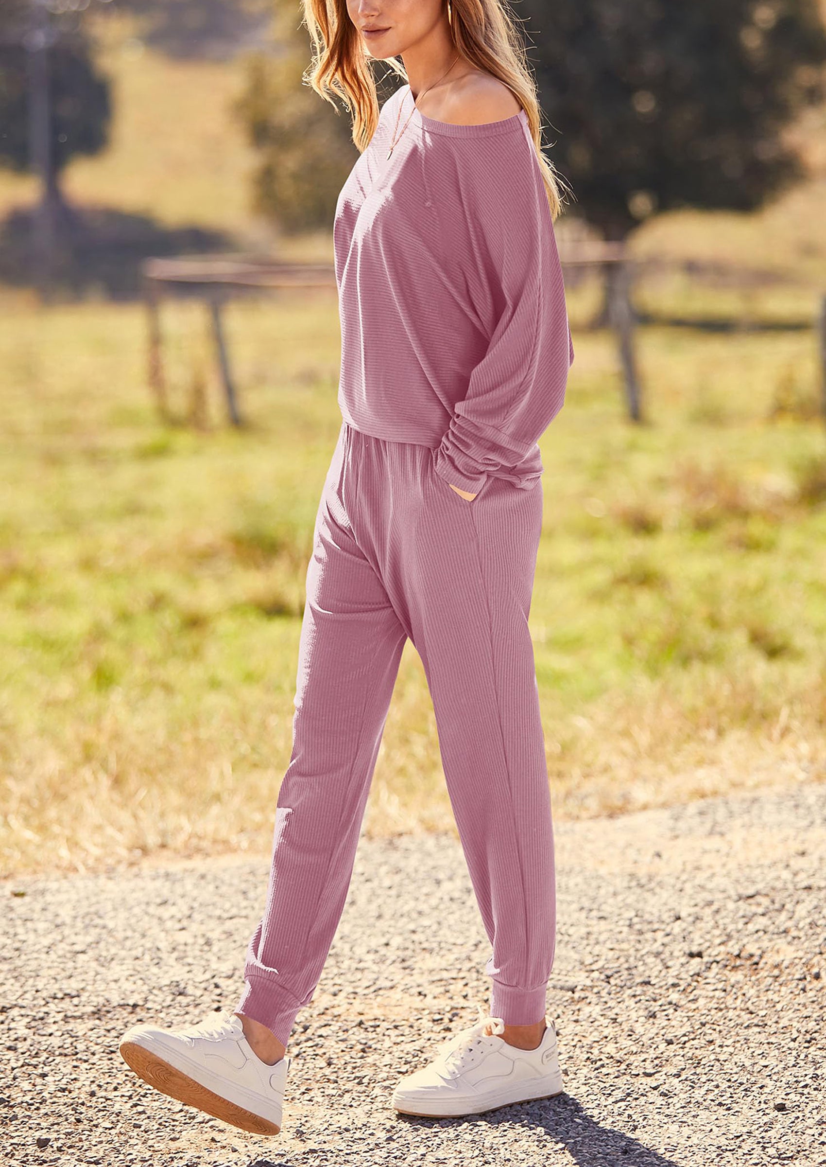 PRETTYGARDEN Women's Fall 2 Piece Lounge Set Long Sleeve Tops Ribbed Pants Spring Matching Sweatsuit Travel Outfits Clothes