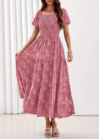 PRETTYGARDEN Women's 2026 Summer Boho Maxi Dresses Floral Short Sleeve Square Neck Smocked Flowy Long Dress Vacation Outfits PRETTYGARDEN