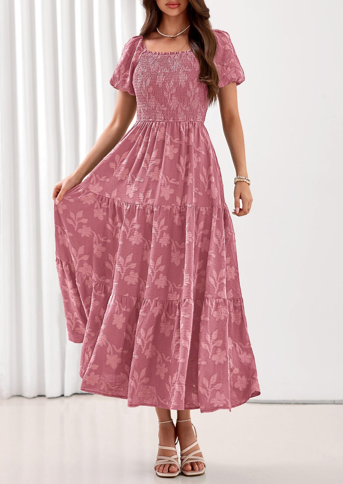 PRETTYGARDEN Women's 2026 Summer Boho Maxi Dresses Floral Short Sleeve Square Neck Smocked Flowy Long Dress Vacation Outfits PRETTYGARDEN