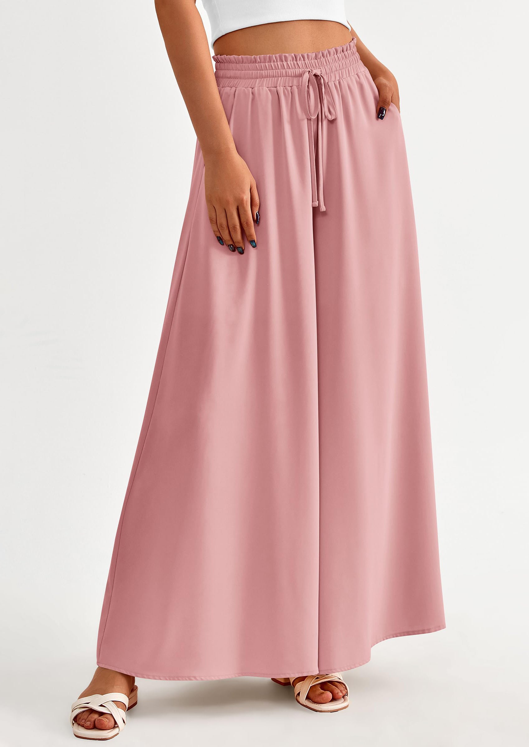 PRETTYGARDEN Women's Summer Wide Leg Palazzo Pants High Waisted Flowy Pockets Trendy Casual Lounge Boho Beach Trousers