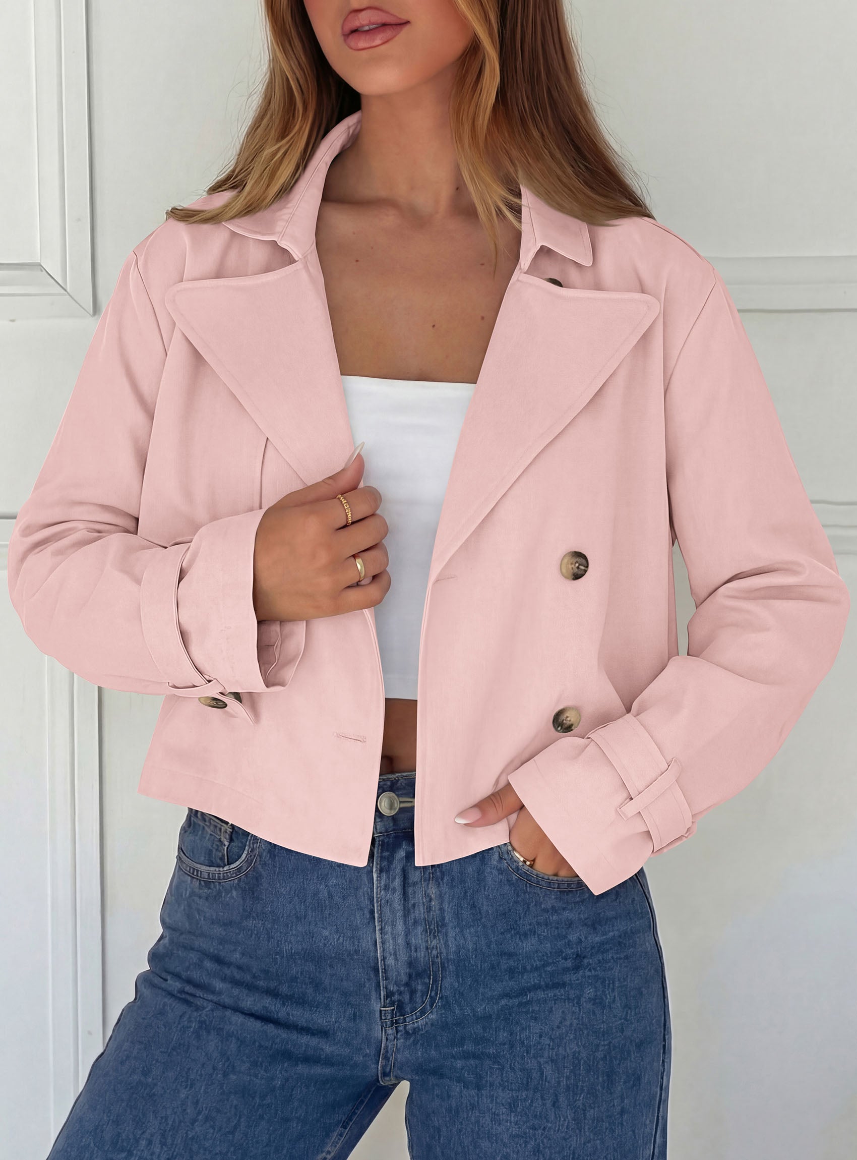 PRETTYGARDEN Cropped Trench Coat For Women Short Jacket  Soft Lightweight Coats, Lapel Double Breasted, Long Sleeve Loose Fit, Casual Work Office Jackets, Fall Winter Outwear