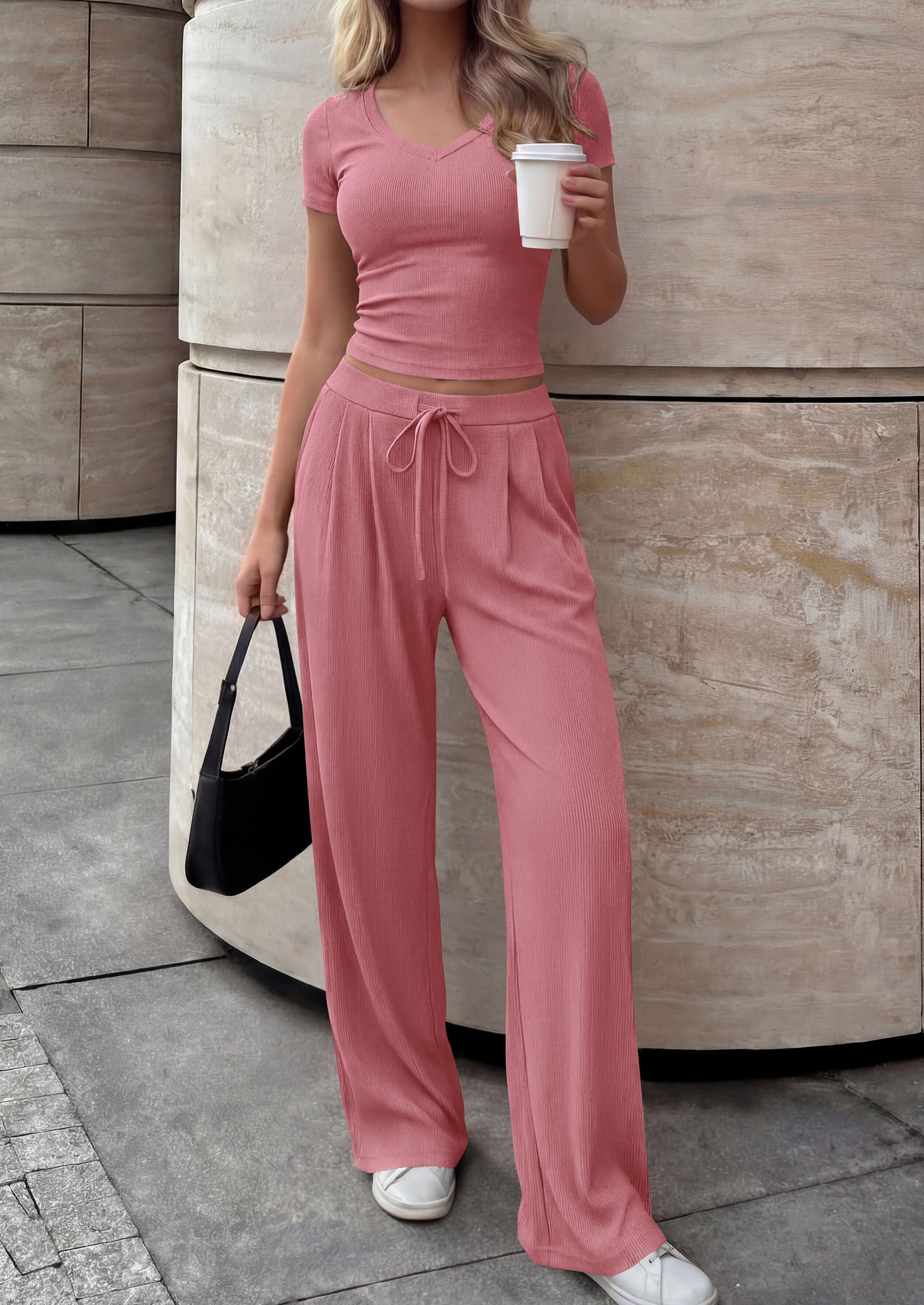 PRETTYGARDEN 2 Piece Sets for Women Summer 2026 Spring Lounge Set Matching V Neck Tops Wide Leg Pants Airport Travel Outfits PRETTYGARDEN