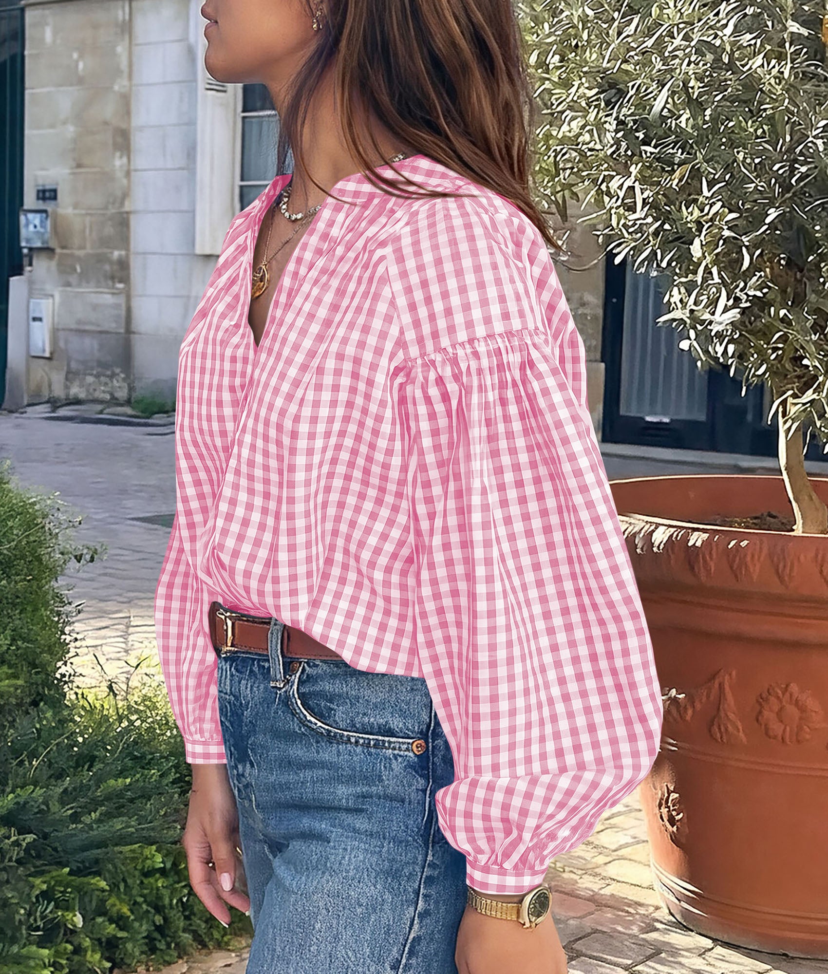 PRETTYGARDEN Women Fall Plaid Long Puff Sleeve Shirts V Neck Casual Blouses  Gingham Button Down Oversized, Pleated Drop Shoulder Cotton Tops, Dressy Casual, Work Vacation Travel, Fall Outfits Trendy