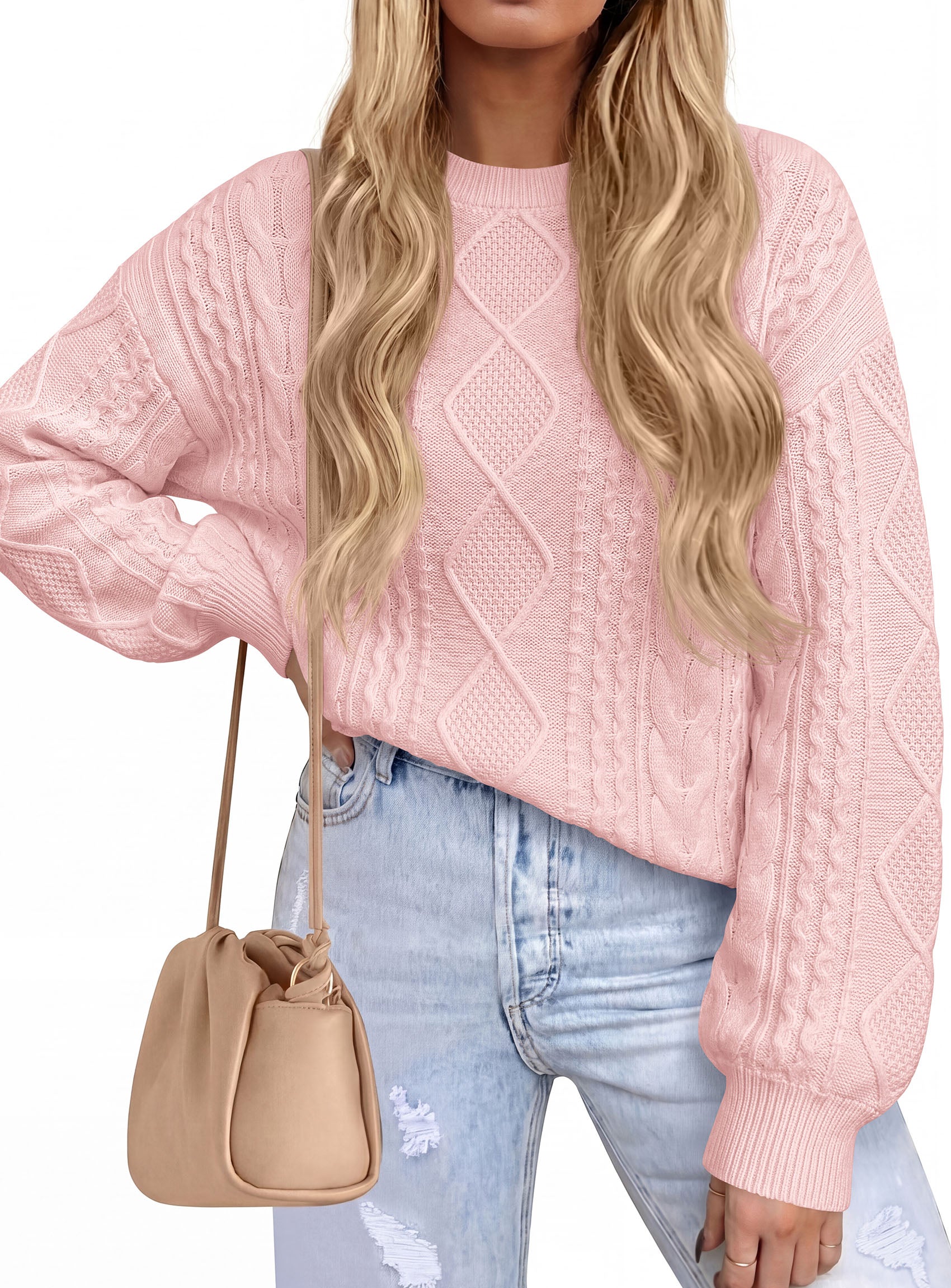 PRETTYGARDEN Womens Cable Knit Sweater Crewneck Pullover | Soft Ribbed Cuffs,Relaxed Fit Long Sleeve Sweaters,Chunky Diamond,Warm Layering,Comfy Daily Wear,Fall Winter Going out Top