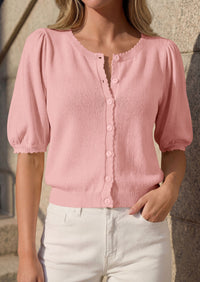 PRETTYGARDEN Puff Short Sleeve Cardigans for Women Lightweight 2026 Summer Shirts Button Up Knit Sweater Tops Spring Clothes PRETTYGARDEN