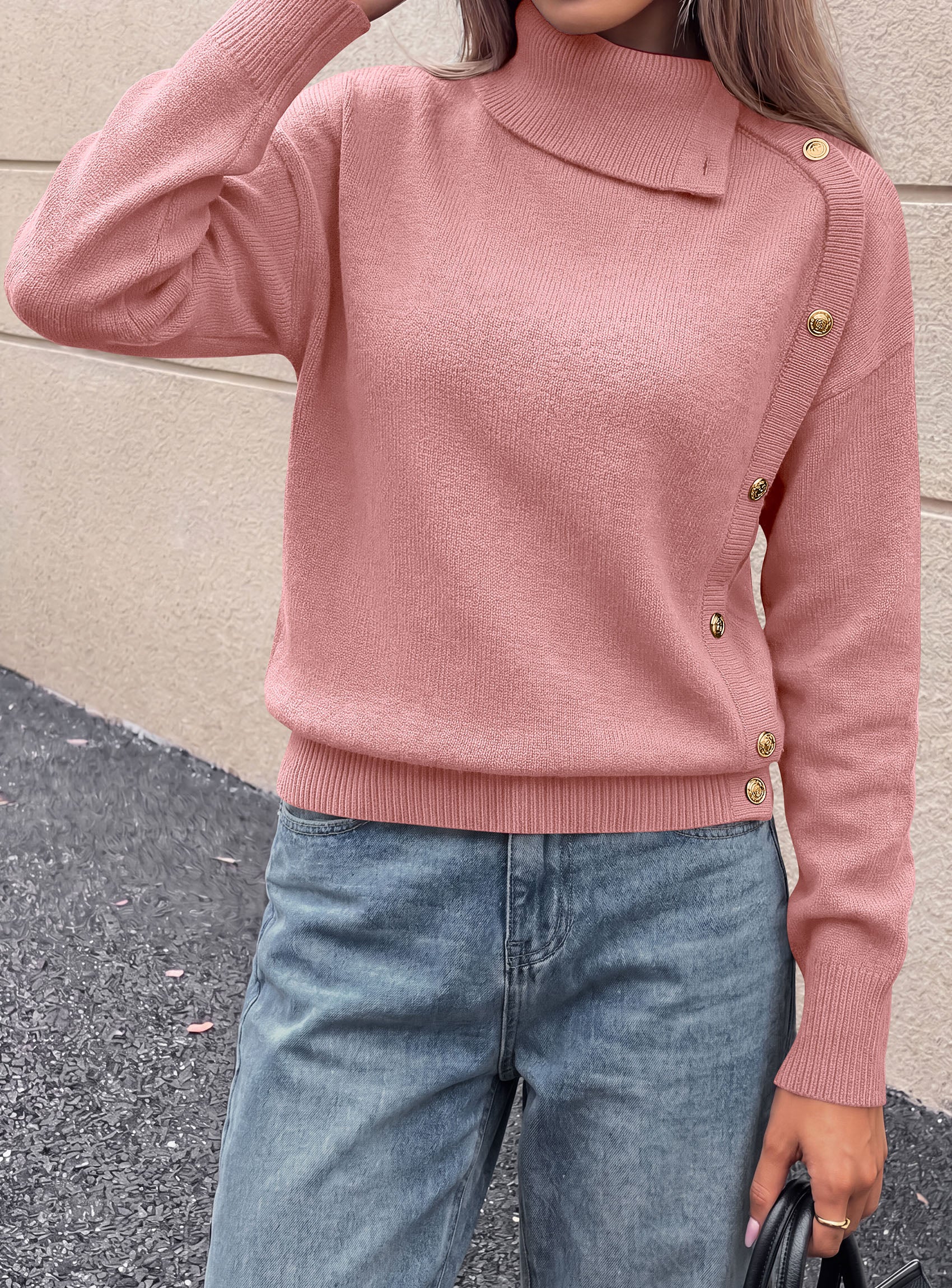 PRETTYGARDEN Womens Turtleneck Sweater Pullover Side Button Fall Clothes  Stretchy Knit,Dropped Shoulder,Ribbed Cuffs,Asymmetrical,Jumper Long Sleeve Tops,Work Office,2026 Winter Casual Outfits