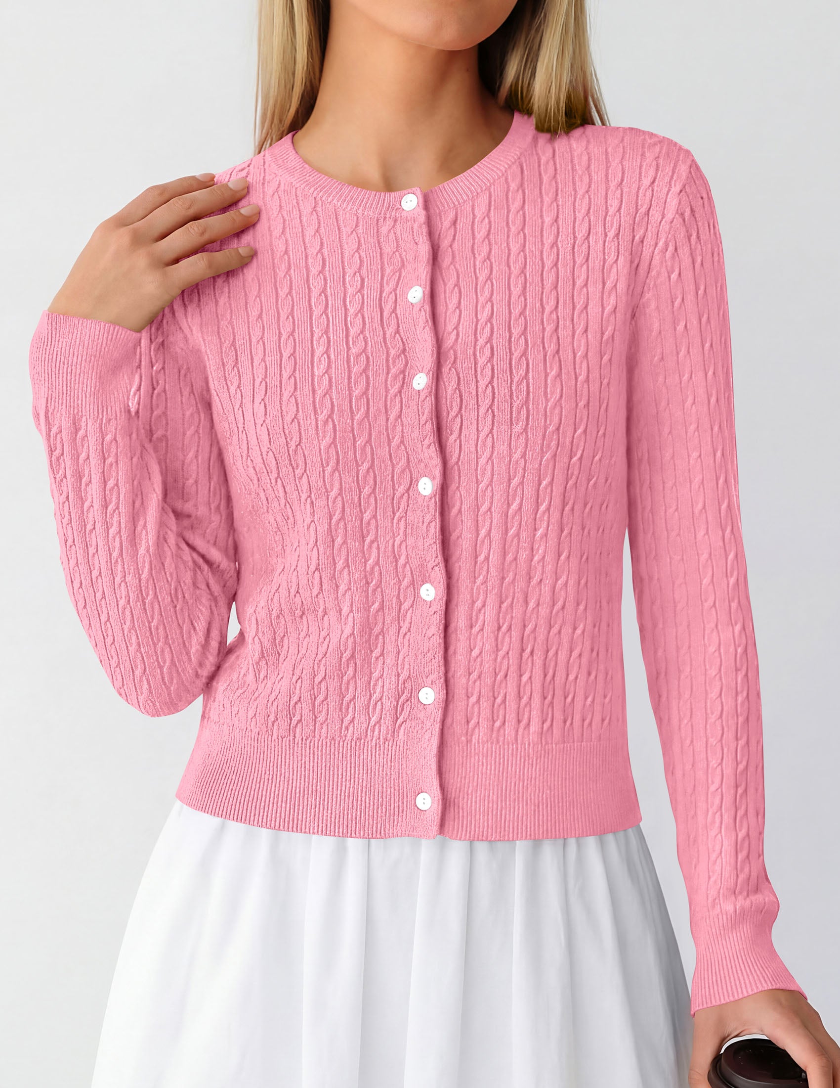 PRETTYGARDEN Women Lightweight Button Up Cardigan Sweaters | Soft Stretchy, Cozy Cable Knit, Long Sleeve Crew Neck, Trendy Cardigans, Cute Casual Outfits, Early Fall Fashion Clothing