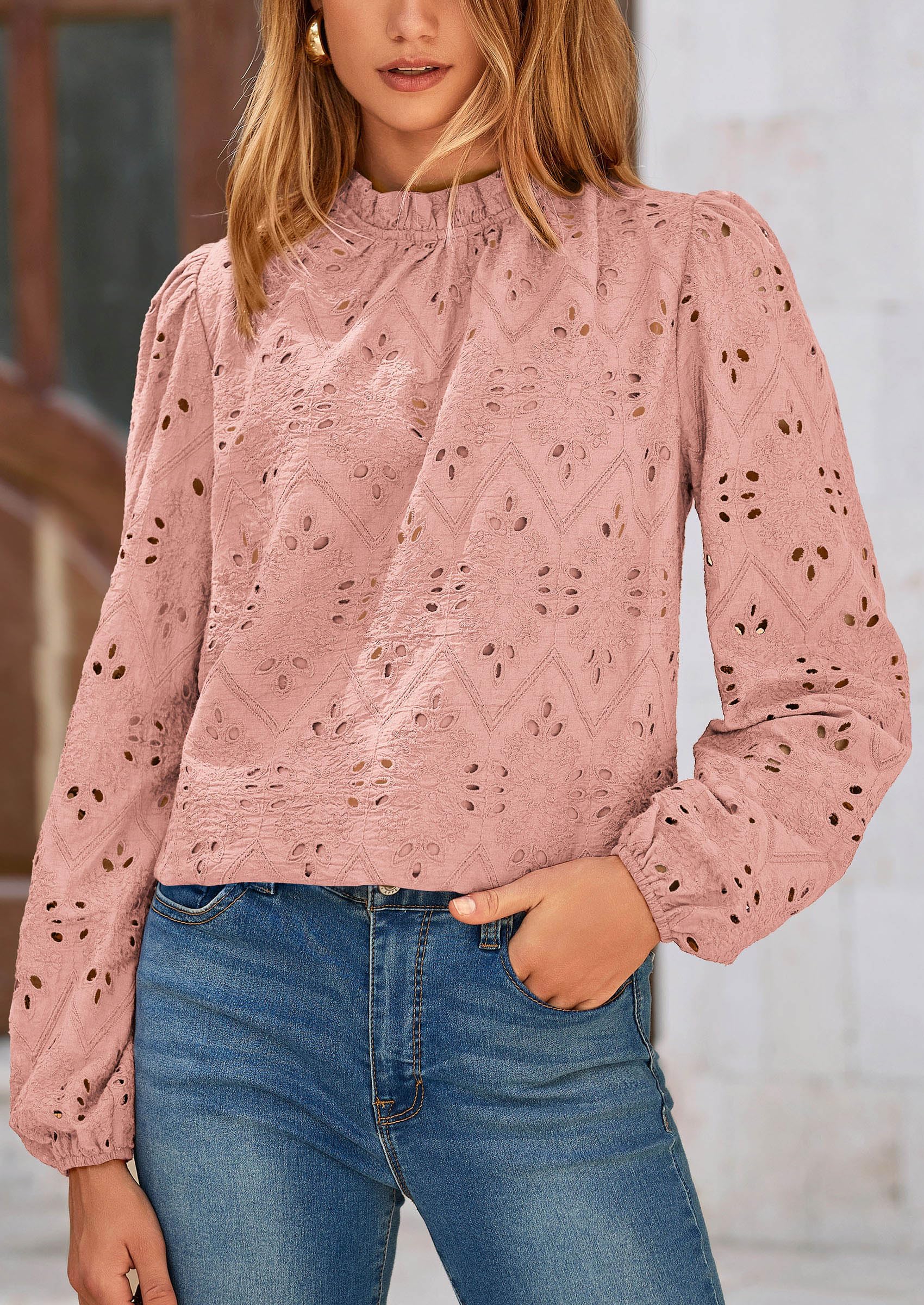 PRETTYGARDEN Womens Tops Dressy Casual Spring Long Sleeve Shirts Embroidered Eyelet Blouses Going Out Outfits