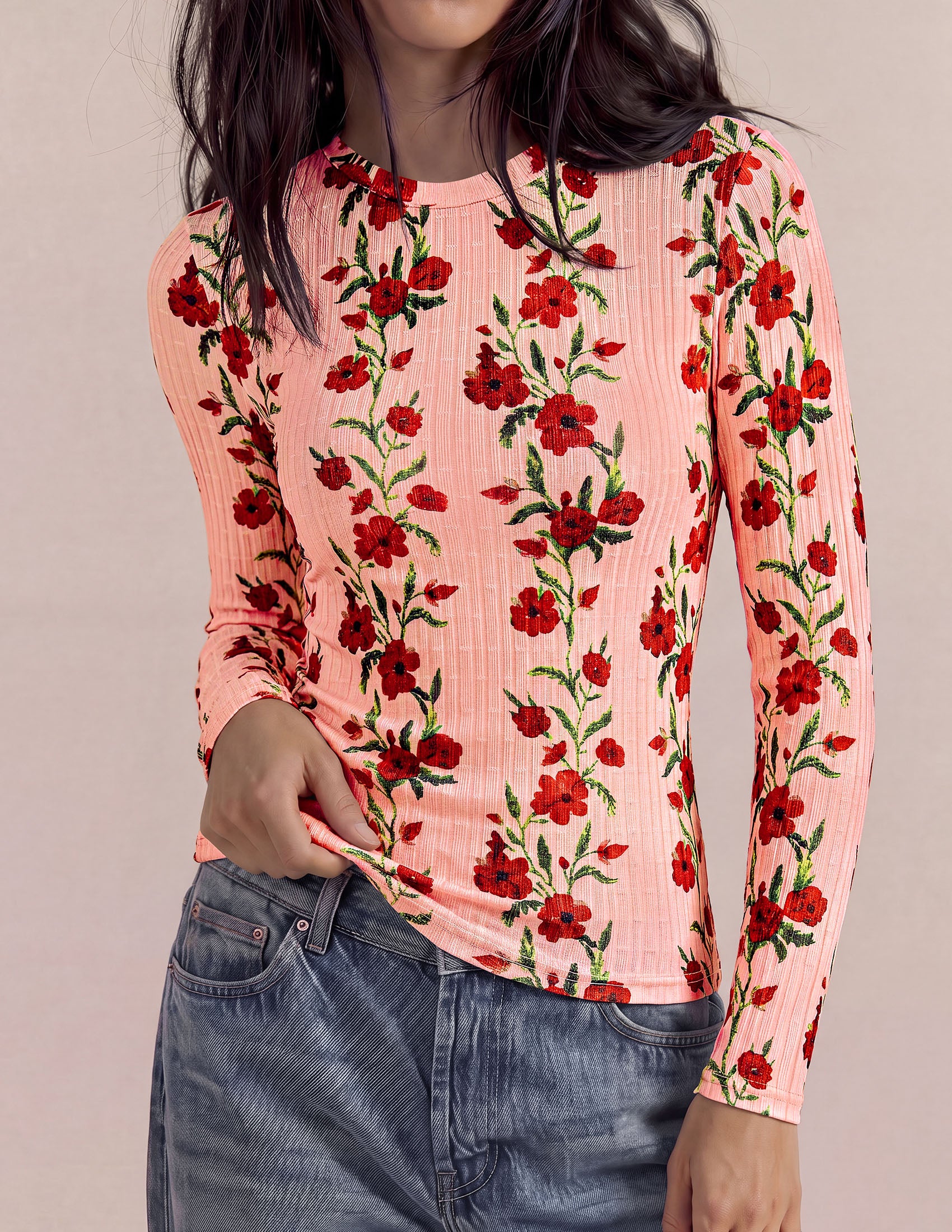 PRETTYGARDEN Womens Long Sleeve Shirts Floral Y2K Tops | Soft Lightweight Ribbed Knit Top,Fitted Waist,Crew Neck Slim Fit,Going Out Vacation Outfits,Layering Fall Winter Clothes