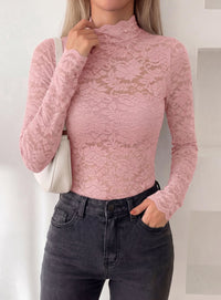 PRETTYGARDEN Womens Lace Long Sleeve Top Mesh Sheer Blouses Mock Neck See Through Slim Fitted Tops 2026 Fall Fashion Clothes