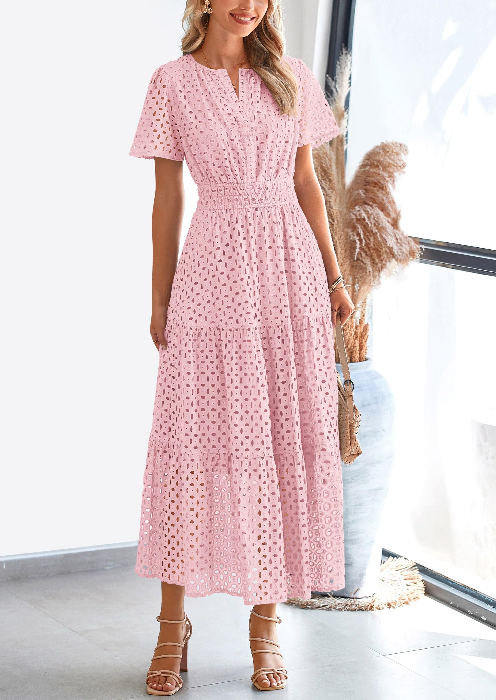 PRETTYGARDEN Womens Maxi Dress Short Sleeve V Neck Hollow Out Eyelet A Line Long Flowy Beach Vacation Dresses