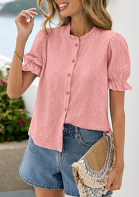 PRETTYGARDEN Womens Puff Short Sleeve Tops 2026 Summer Spring Button Down Boho Embroidered Cute Blouse Dressy Casual Shirts PRETTYGARDEN