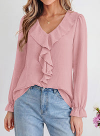 PRETTYGARDEN Women Early Fall Fashion Dressy Casual Blouses  | Comfy Lightweight,Lantern Long Sleeve Shirts,Cute Ruffle V Neck,Going Out Tops,Business Work Outfits,Trendy Daily Clothes