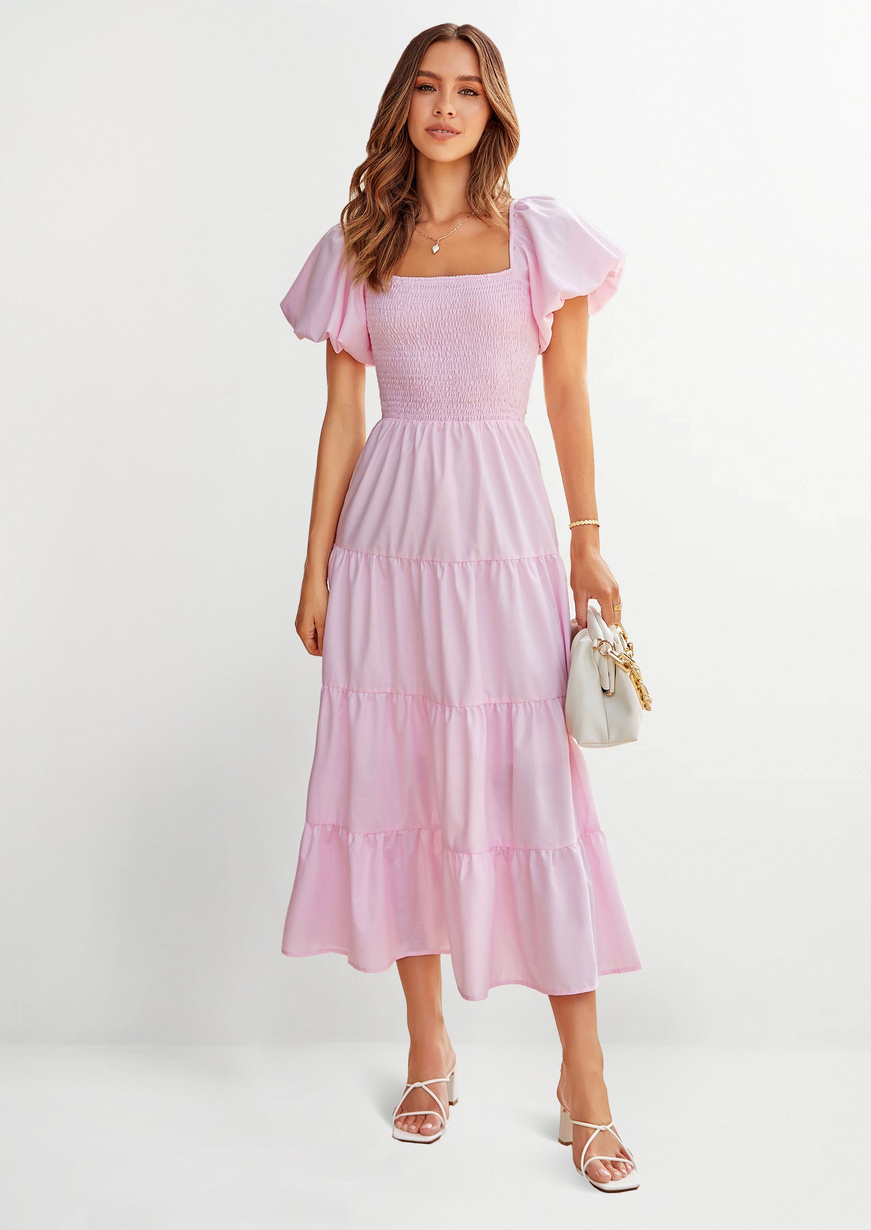 PRETTYGARDEN Women's Summer Casual Midi Dress Puffy Short Sleeve Square Neck Smocked Tiered Ruffle Dresses