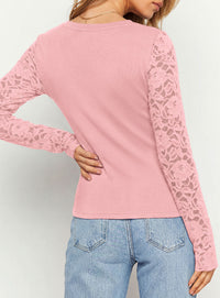PRETTYGARDEN Sheer Lace Raglan Long Sleeve Shirts for Women | Soft Stretchy Knit,See Through Floral Sleeves,Crewneck Fitted Tshirts,Daily Going Out Tops,Office Layer,Fall Fashion Clothing