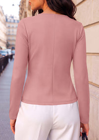 PRETTYGARDEN Womens Ruched Tops Casual Long Sleeve Shirt  Soft Stretchy Knit, Round Neck Slim Fitted Shape, Pleated Asymmetrical Hem, Office Work Daily Wear, Trendy Fall Outfits