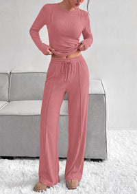 PRETTYGARDEN Womens 2 Piece Sets Long Sleeve Outfits  Soft Ribbed Knit, Loose Wide Leg Fit, Crop Top Drawstring High Waist Pants Set, Casual Lounge Travel, Matching Fall Clothes