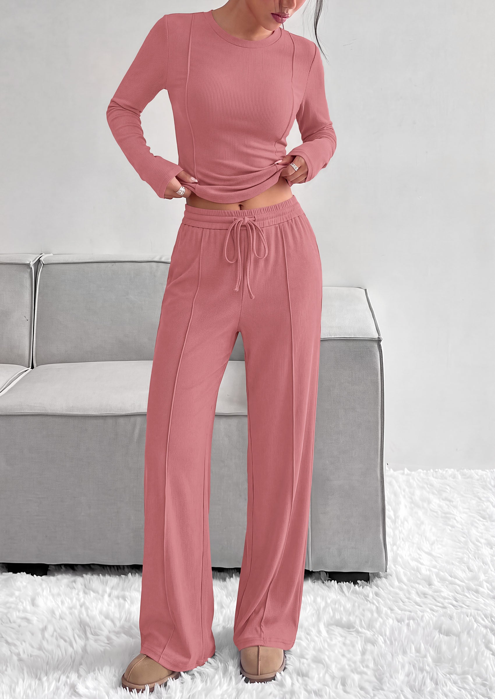 PRETTYGARDEN Womens 2 Piece Sets Long Sleeve Outfits  Soft Ribbed Knit, Loose Wide Leg Fit, Crop Top Drawstring High Waist Pants Set, Casual Lounge Travel, Matching Fall Clothes