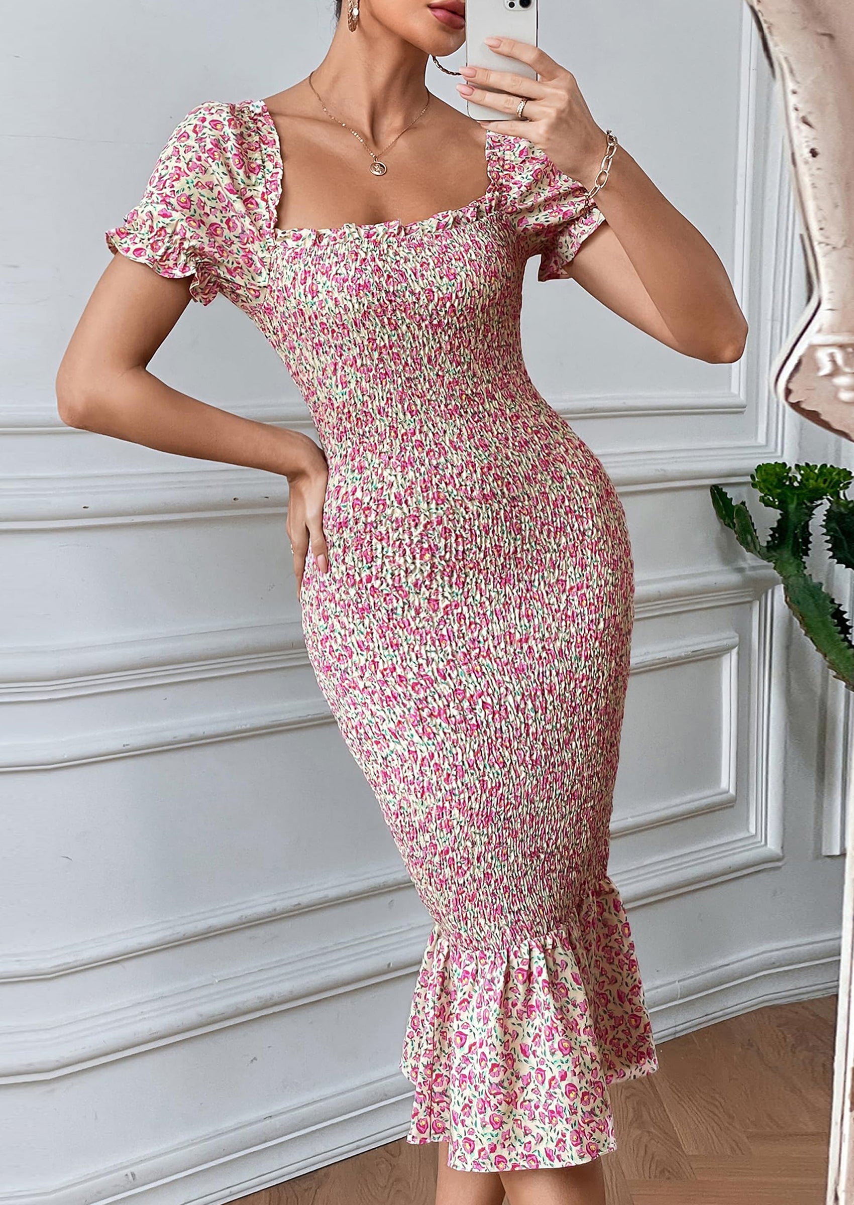 PRETTYGARDEN Bodycon Midi Dresses Summer Floral Puff Sleeve Mermaid Cocktail Baby Shower Photoshoot Maternity Dress