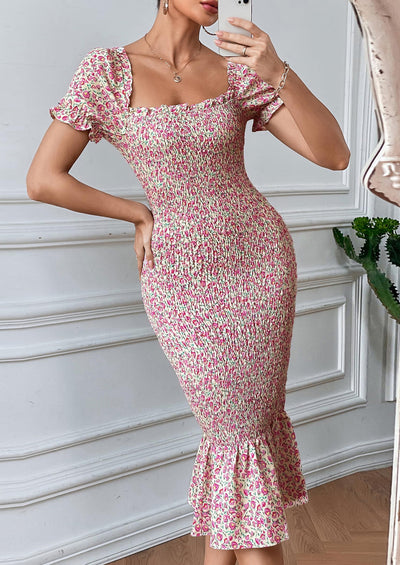 PRETTYGARDEN Bodycon Midi Dresses Summer Floral Puff Sleeve Mermaid Cocktail Baby Shower Photoshoot Maternity Dress