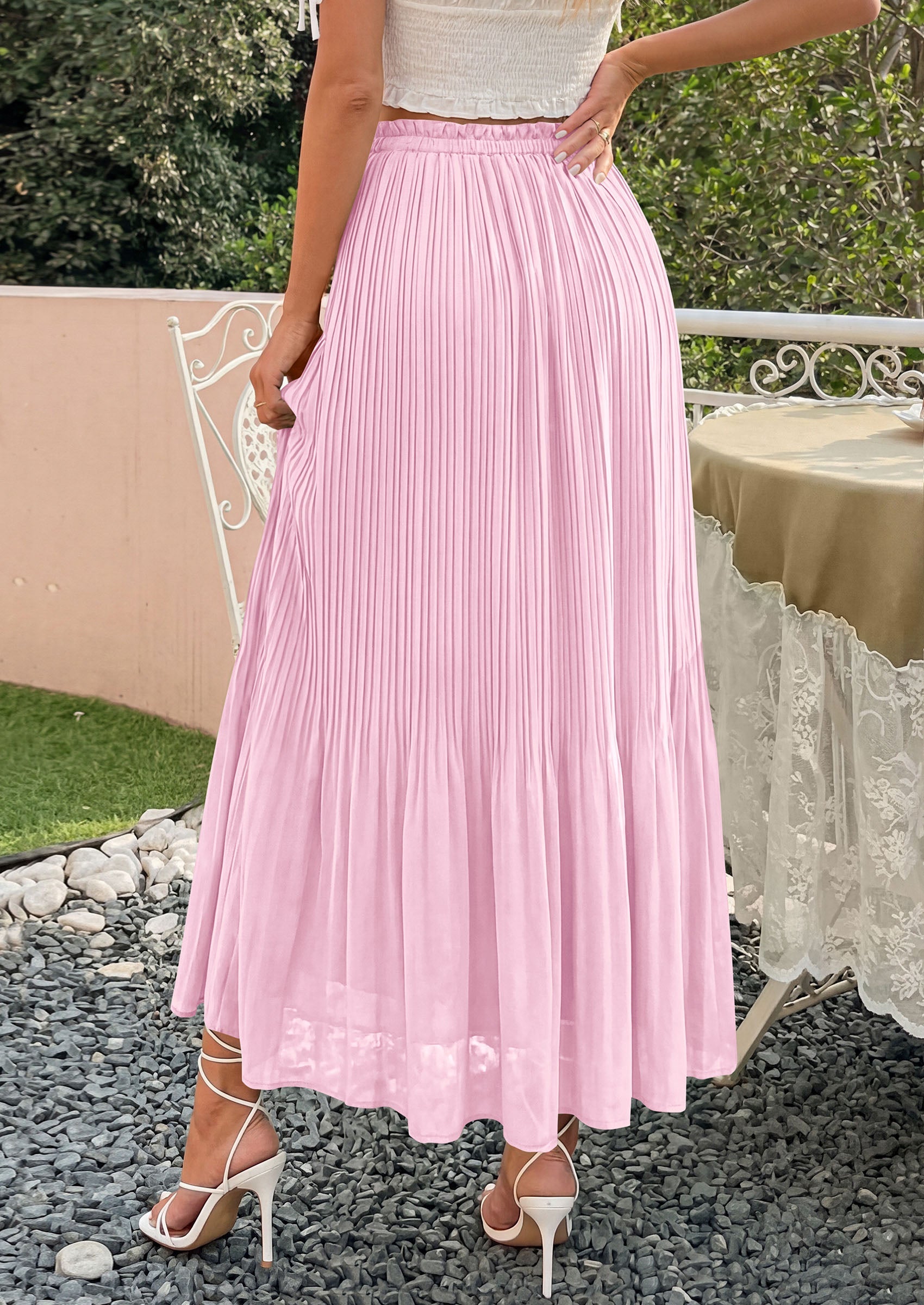 PRETTYGARDEN Pleated Long Skirts for Women Summer Vacation Outfits 2026 Spring Elastic Waisted Flowy Chiffon A-Line Midi Skirt PRETTYGARDEN