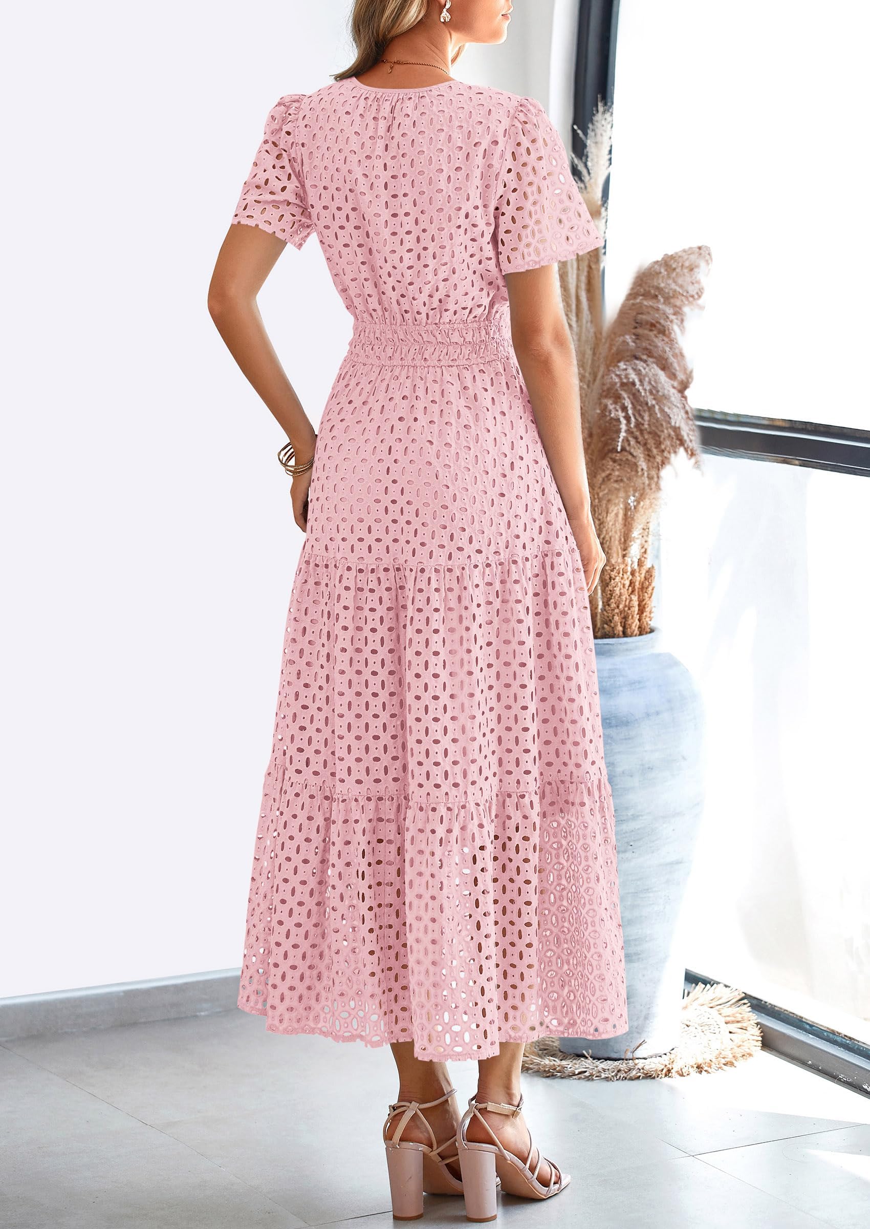 PRETTYGARDEN Womens Maxi Dress Short Sleeve V Neck Hollow Out Eyelet A Line Long Flowy Beach Vacation Dresses