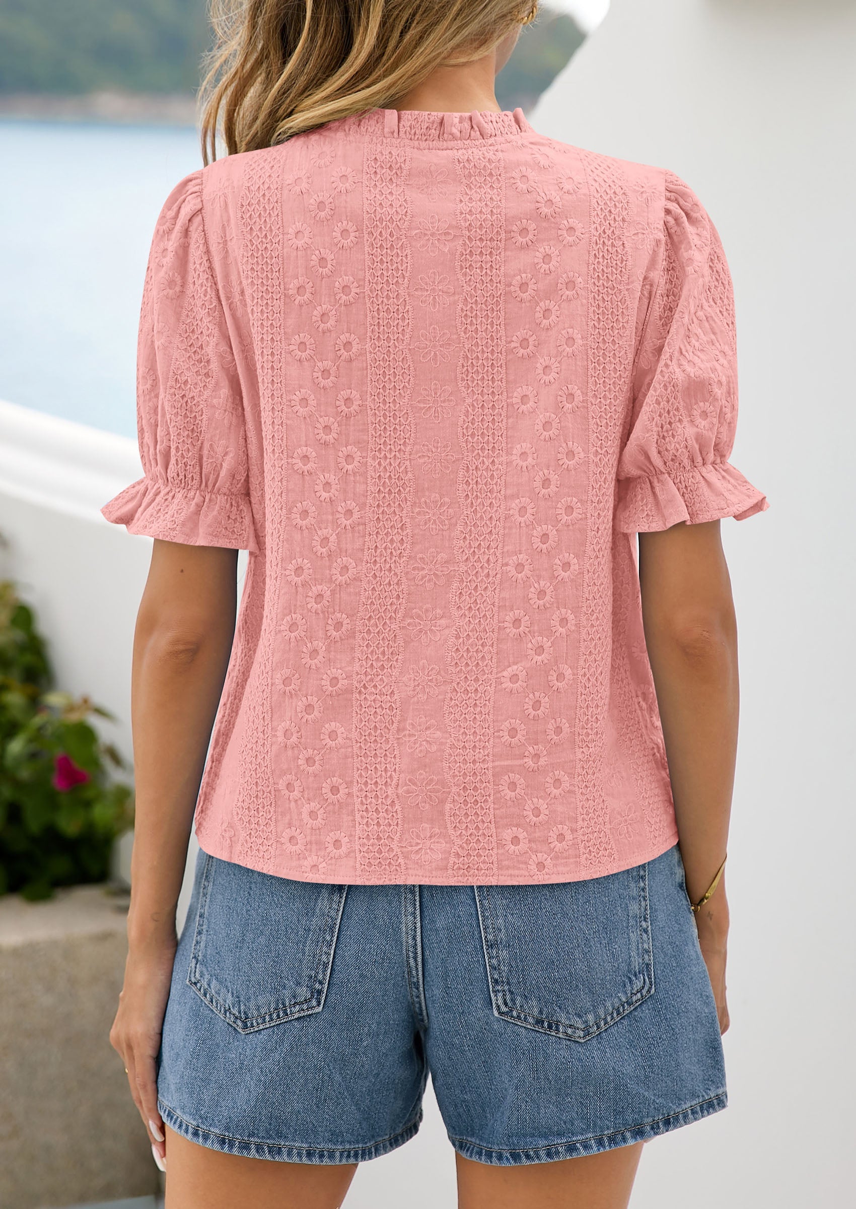 PRETTYGARDEN Womens Puff Short Sleeve Tops 2026 Summer Spring Button Down Boho Embroidered Cute Blouse Dressy Casual Shirts PRETTYGARDEN