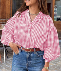 PRETTYGARDEN Women Fall Plaid Long Puff Sleeve Shirts V Neck Casual Blouses  Gingham Button Down Oversized, Pleated Drop Shoulder Cotton Tops, Dressy Casual, Work Vacation Travel, Fall Outfits Trendy