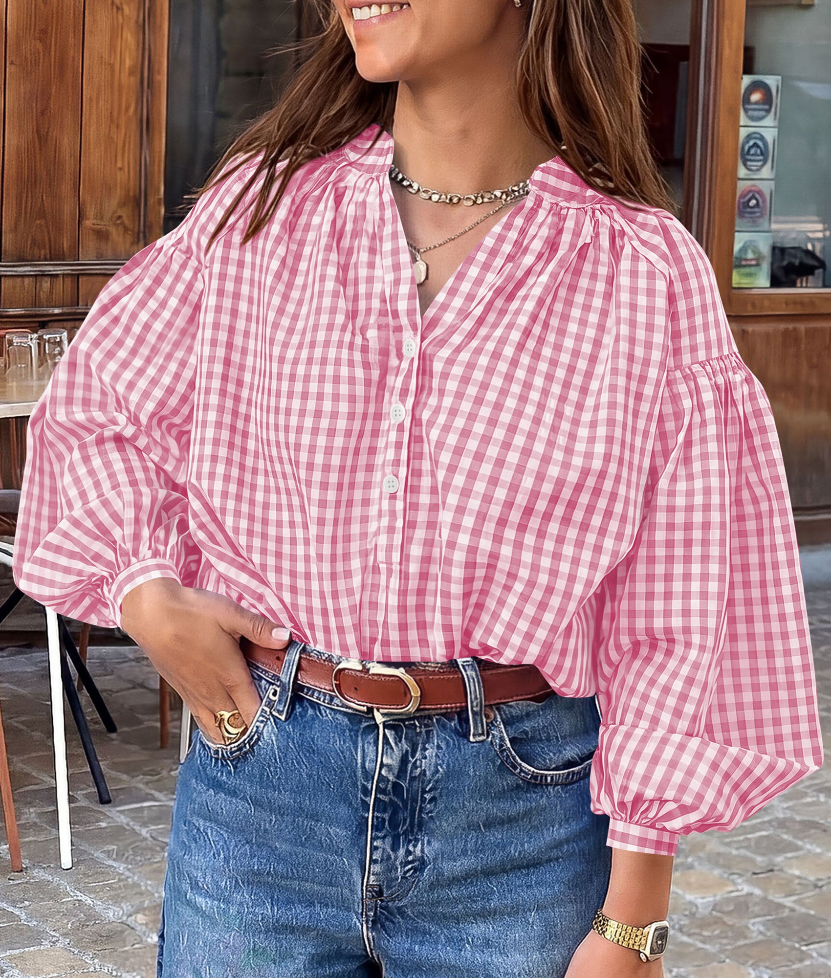PRETTYGARDEN Women Fall Plaid Long Puff Sleeve Shirts V Neck Casual Blouses  Gingham Button Down Oversized, Pleated Drop Shoulder Cotton Tops, Dressy Casual, Work Vacation Travel, Fall Outfits Trendy