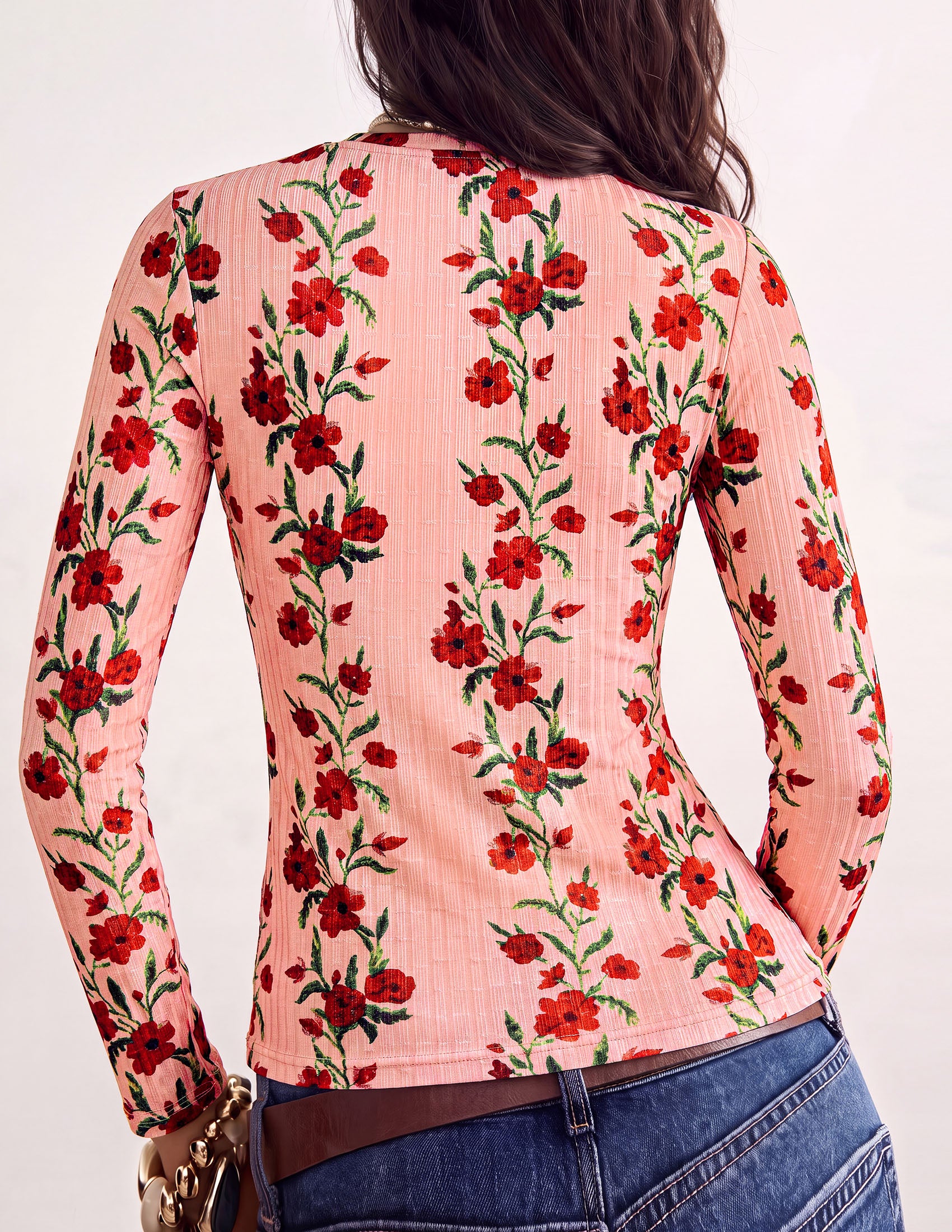 PRETTYGARDEN Womens Long Sleeve Shirts Floral Y2K Tops | Soft Lightweight Ribbed Knit Top,Fitted Waist,Crew Neck Slim Fit,Going Out Vacation Outfits,Layering Fall Winter Clothes