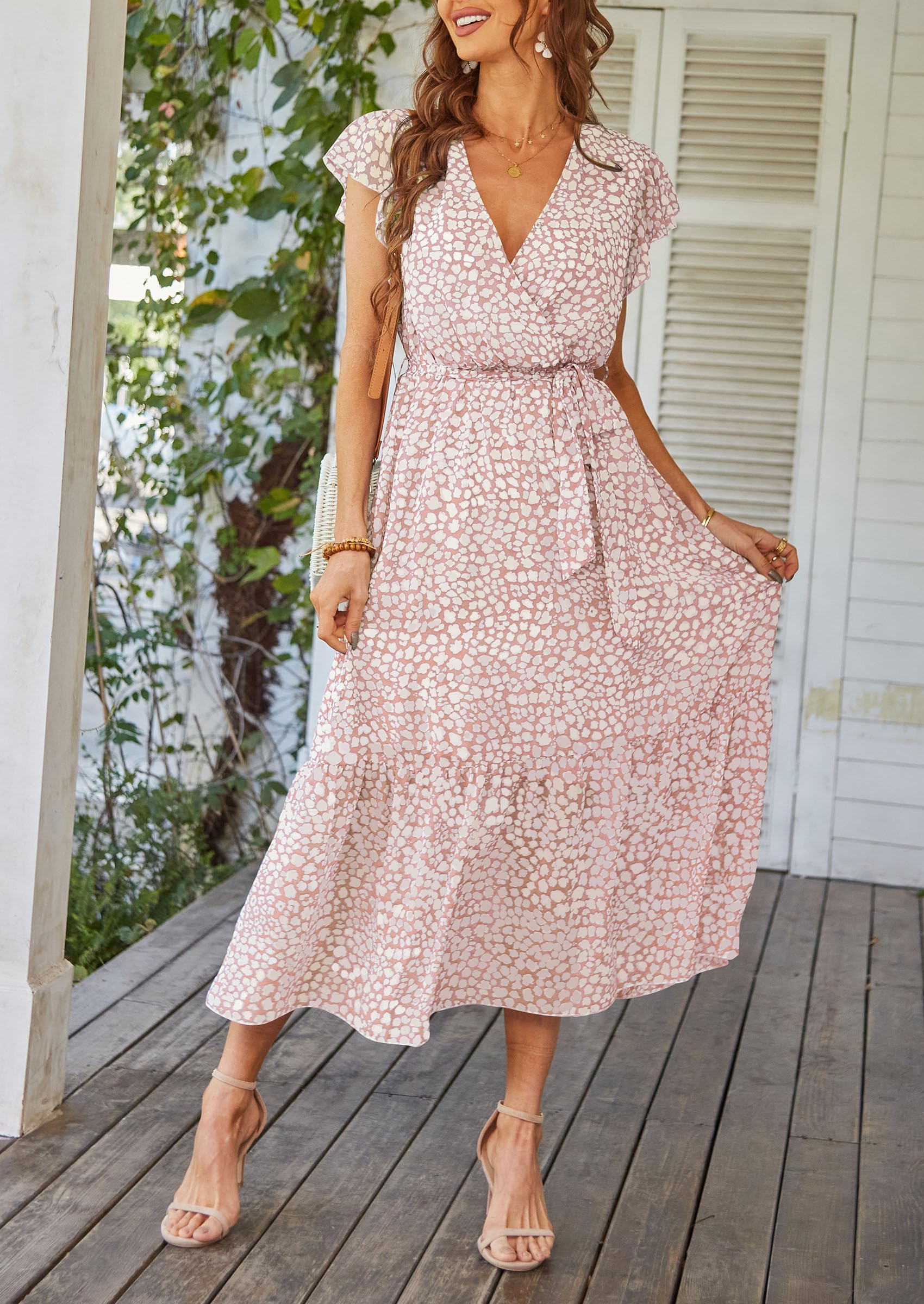 PRETTYGARDEN Women's Summer Floral Boho Maxi Dress Wrap Short Sleeve V Neck Ruffle A-Line Flowy Wedding Guest Long Dresses