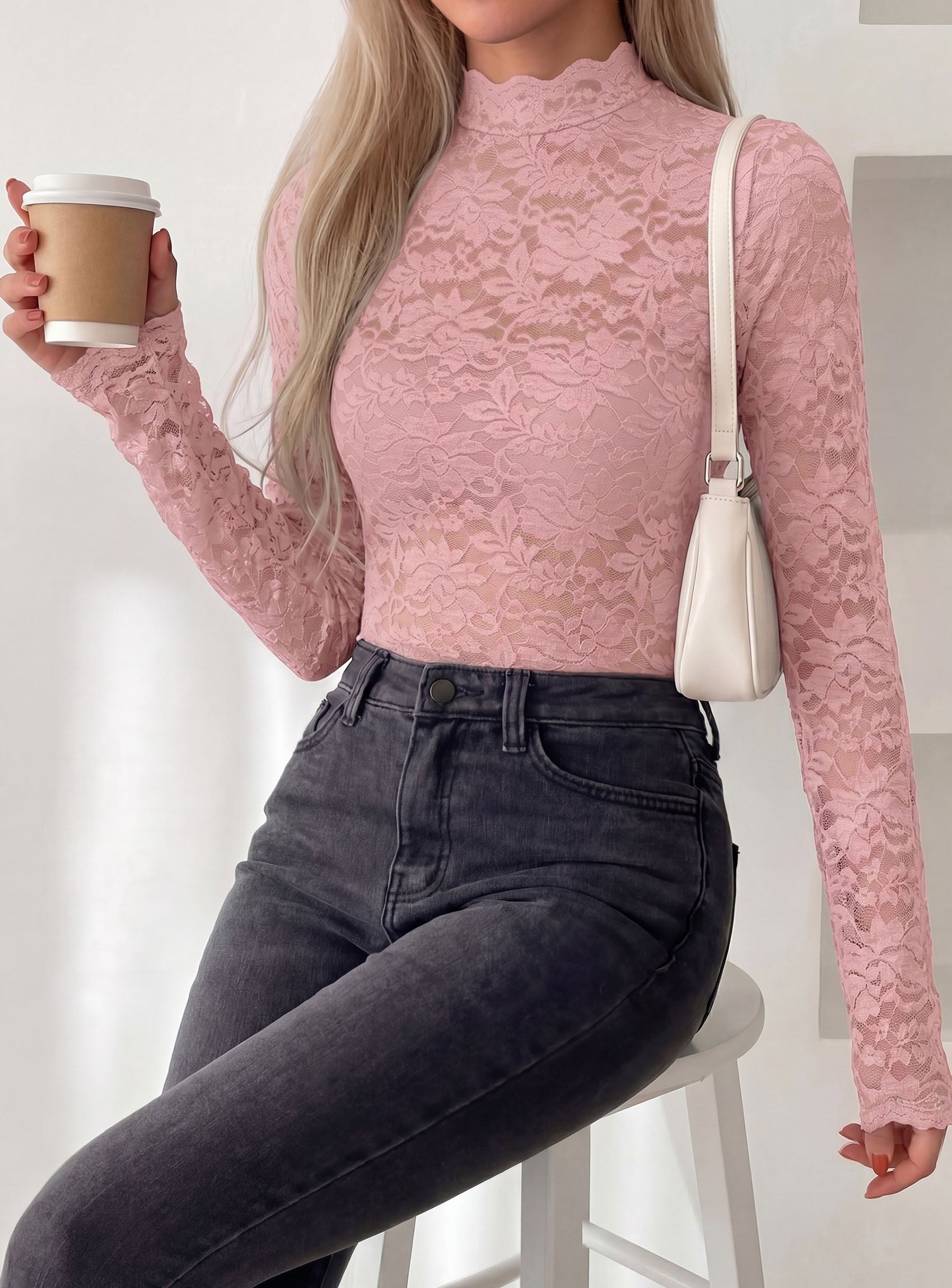PRETTYGARDEN Womens Lace Long Sleeve Top Mesh Sheer Blouses Mock Neck See Through Slim Fitted Tops 2026 Fall Fashion Clothes