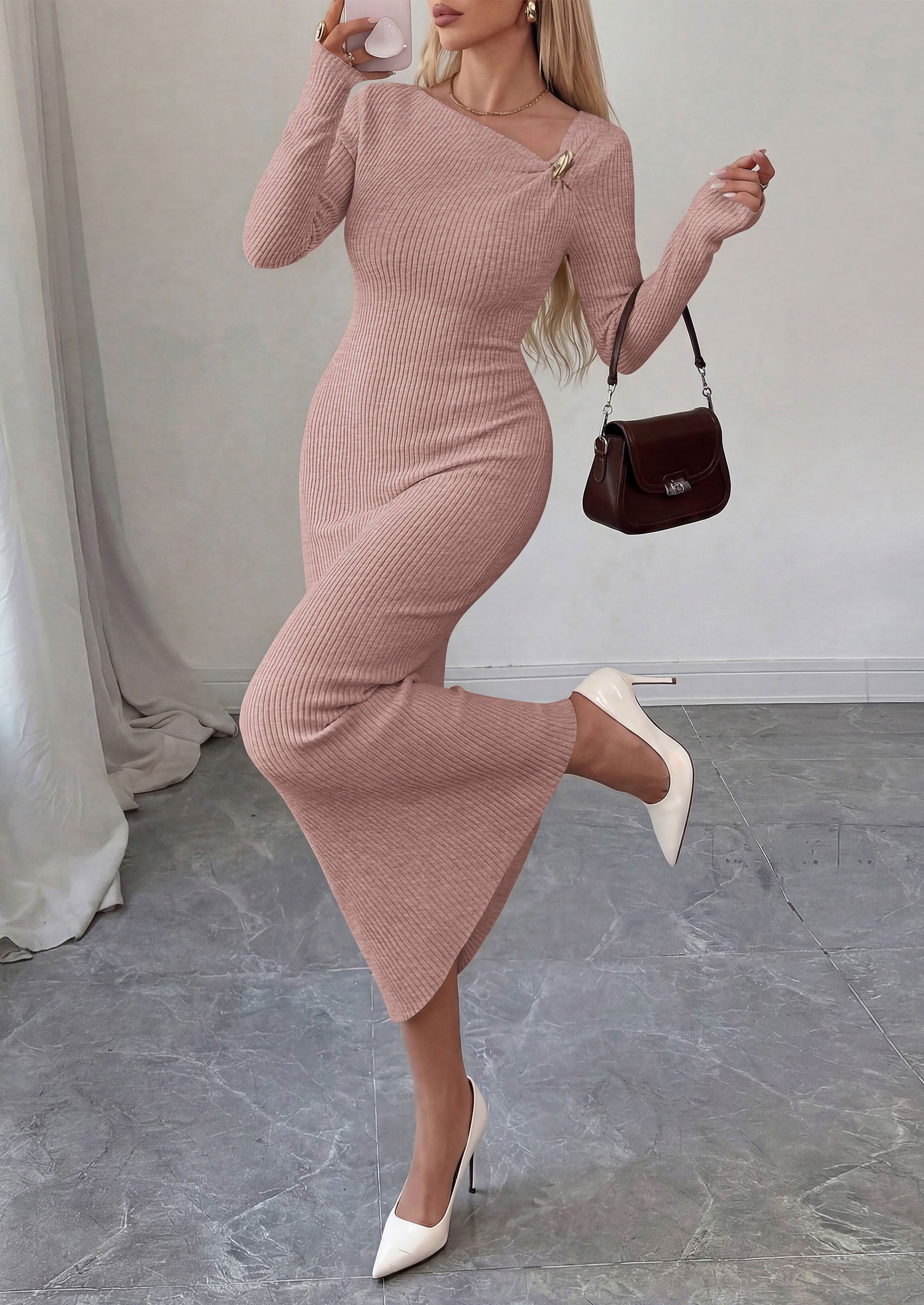 PRETTYGARDEN Womens Fall Long Sleeve Ribbed Sweater Dress | Breathable Knit Fabric, Elegant Bodycon Cut, Fashion Asymmetrical Neck, Night Out Party Dresses, 2026 Trendy Winter Clothes  Price, product page