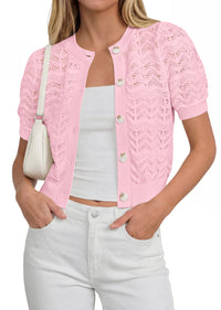 PRETTYGARDEN Summer Crochet Cardigan Sweaters for Women Cropped Button Short Sleeve Sweater Lightweight Knit Spring Tops PRETTYGARDEN