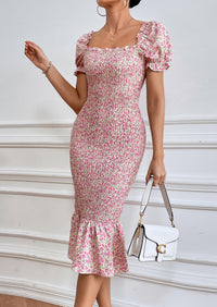 PRETTYGARDEN Bodycon Midi Dresses Summer Floral Puff Sleeve Mermaid Cocktail Baby Shower Photoshoot Maternity Dress