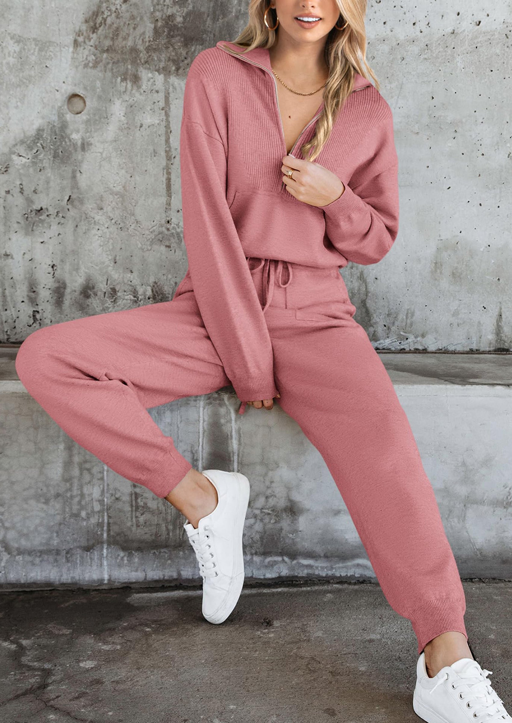 PRETTYGARDEN Women's 2 Piece Sweater Set Pullover Zip Up Sweatshirt Jogger Sweatpants Tracksuit Casual Outfit